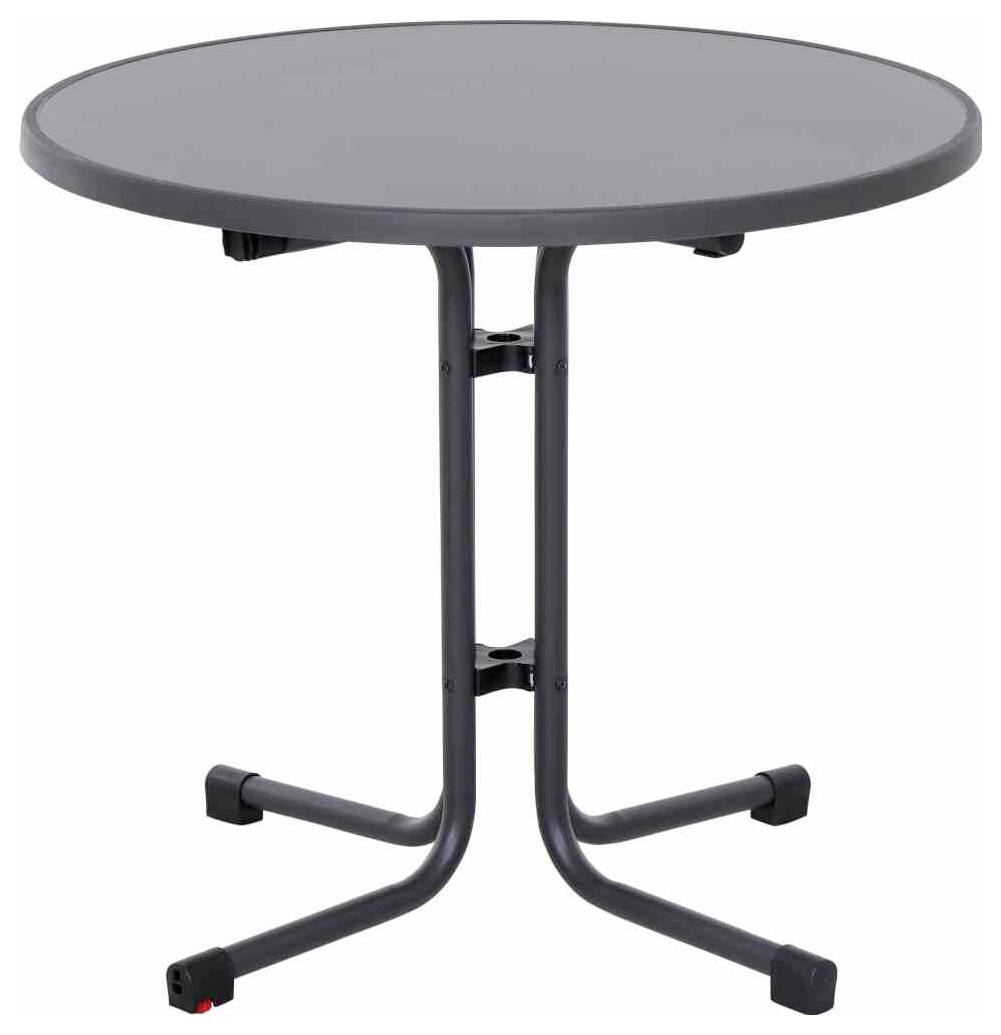 Okrągły, czarny stół składany z metalową podstawą i czterema nogami. Idealny do użytku wewnątrz i na zewnątrz.