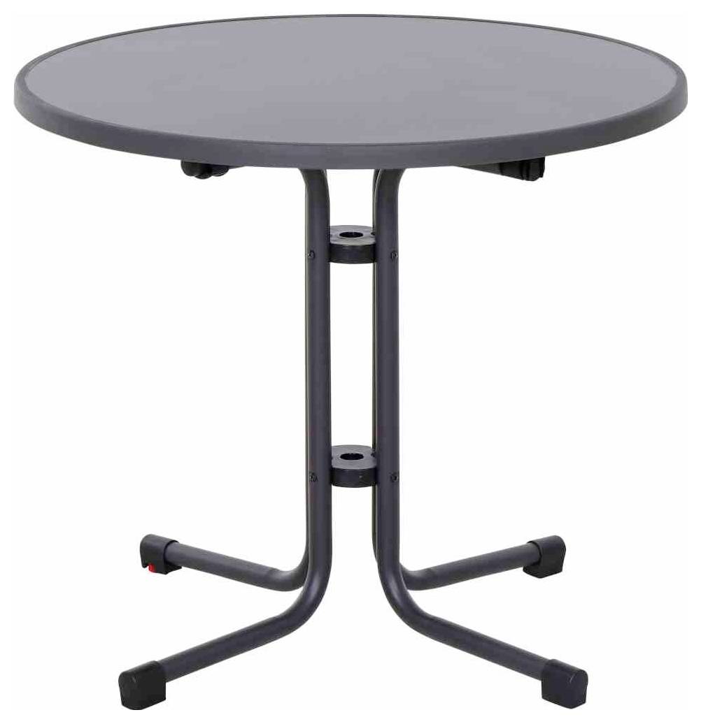 Okrągły, szary stół na trzech nogach. Stabilna metalowa rama i gładki blat. Odpowiedni do użytku wewnątrz i na zewnątrz.