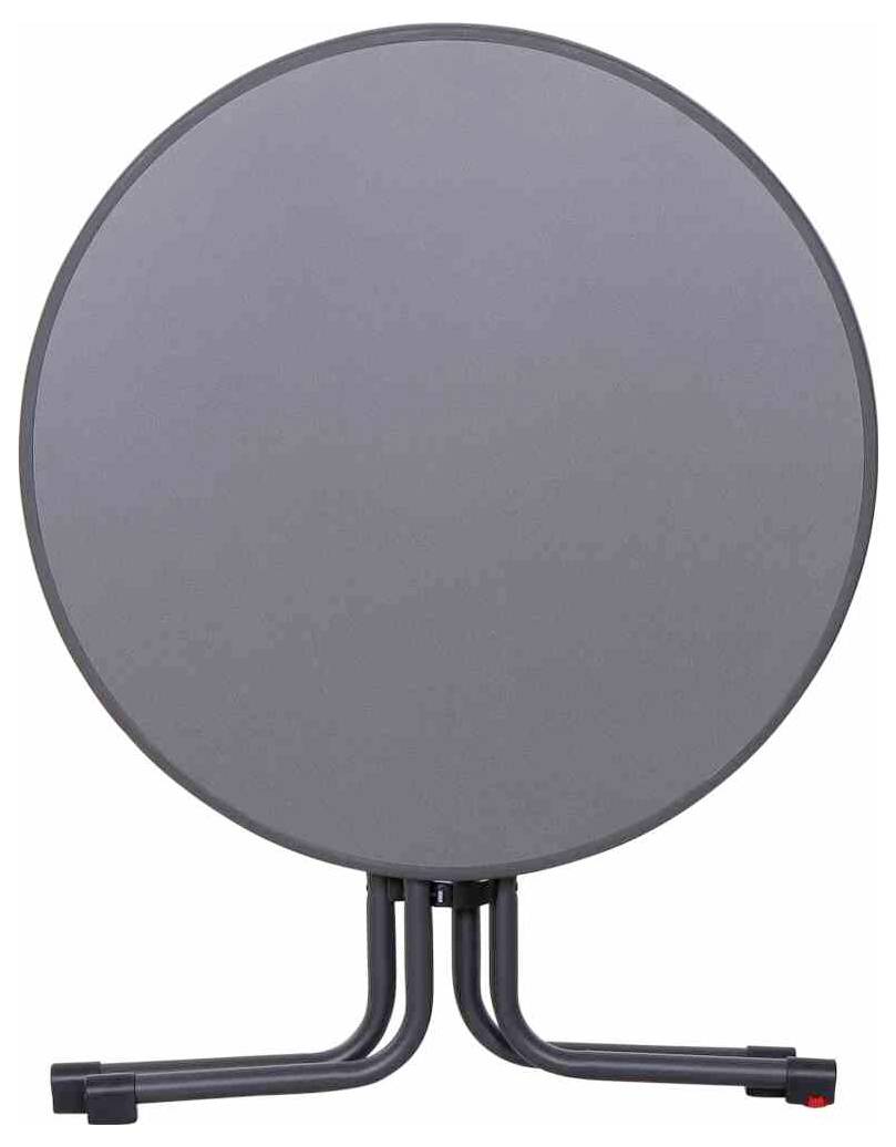 Okrągły, szary stół metalowy z trzema nogami w kształcie litery U, które łączą się u dołu.