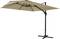 Duży, wolnostojący parasol w kolorze piasku z bocznym wspornikiem. Idealny do zapewnienia cienia w ogrodzie lub na tarasie.