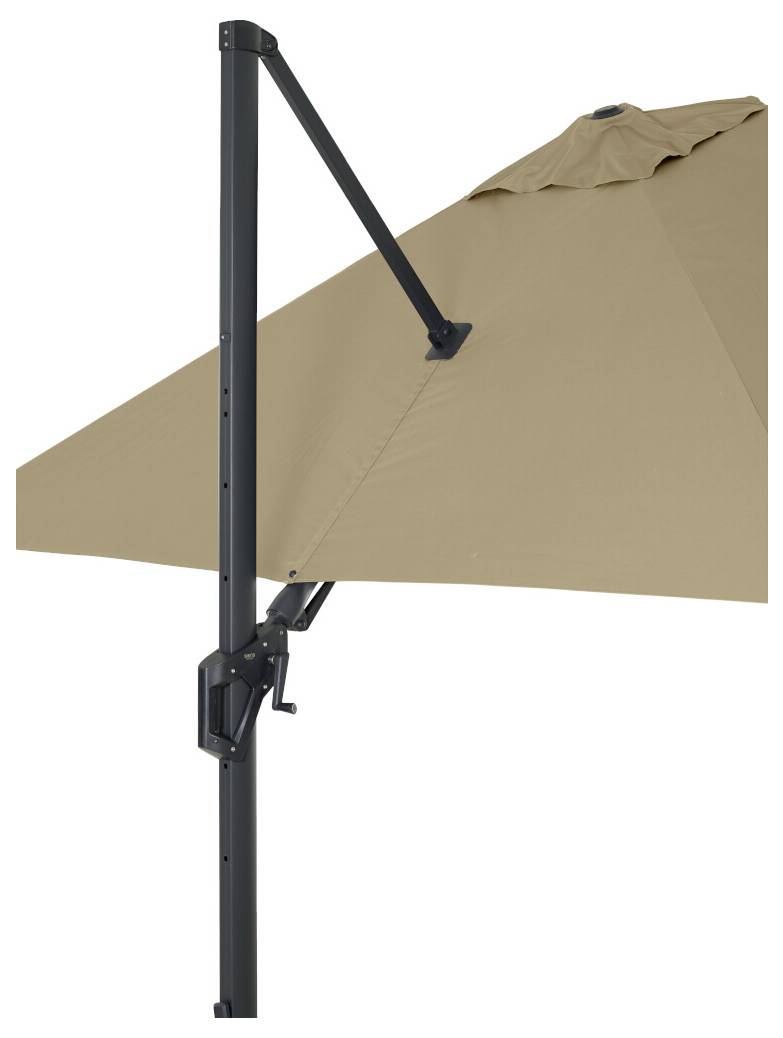 Beżowy parasol przeciwsłoneczny z boczną metalową ramą i mechanizmem korbowym do otwierania i zamykania. Parasol charakteryzuje się solidną konstrukcją.