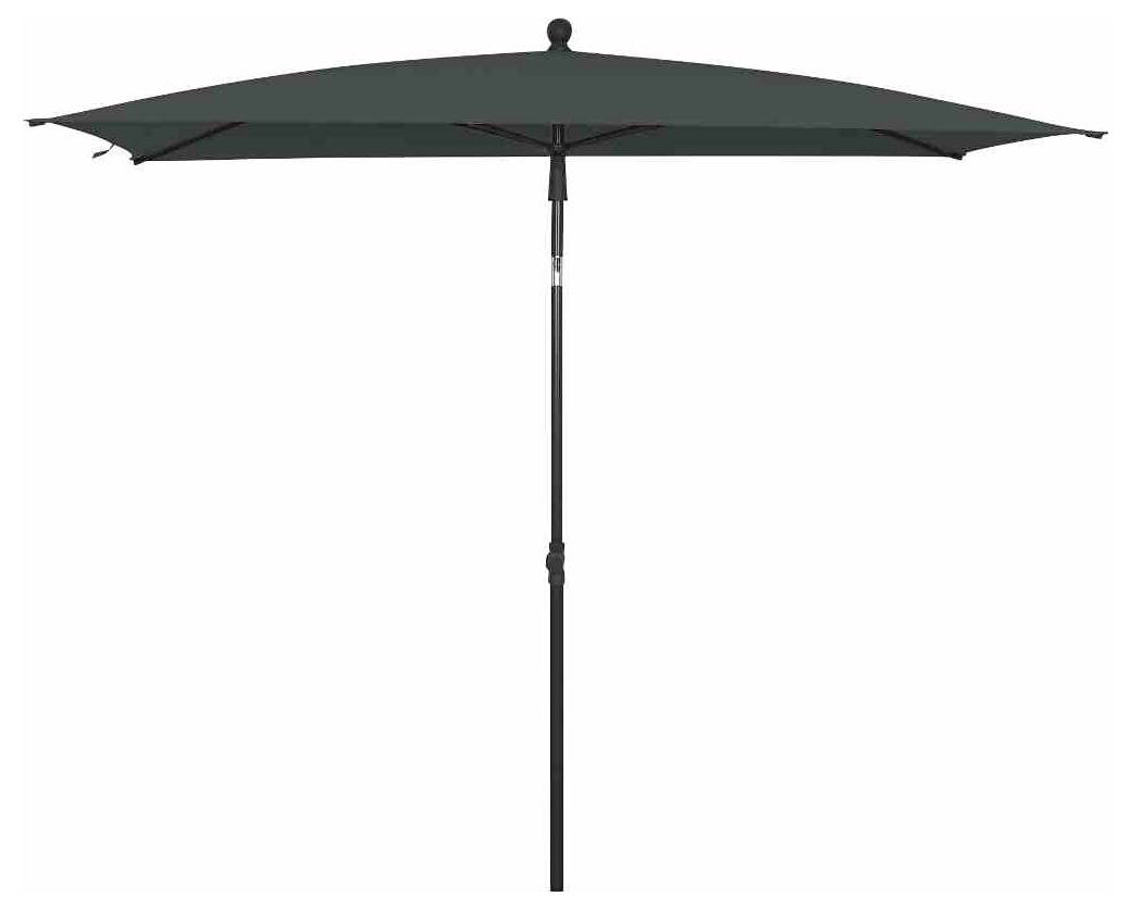 Zielony parasol z prostym, czarnym uchwytem. Parasol jest rozłożony i zapewnia cień w przestrzeni na świeżym powietrzu.