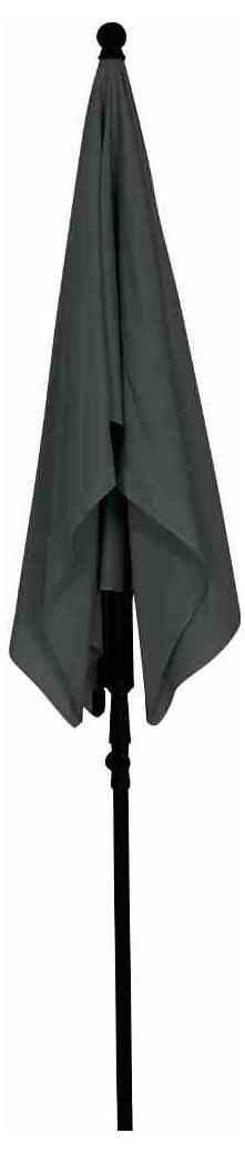 Zamknięty, ciemnozielony parasol przeciwsłoneczny na czarnej podstawie.