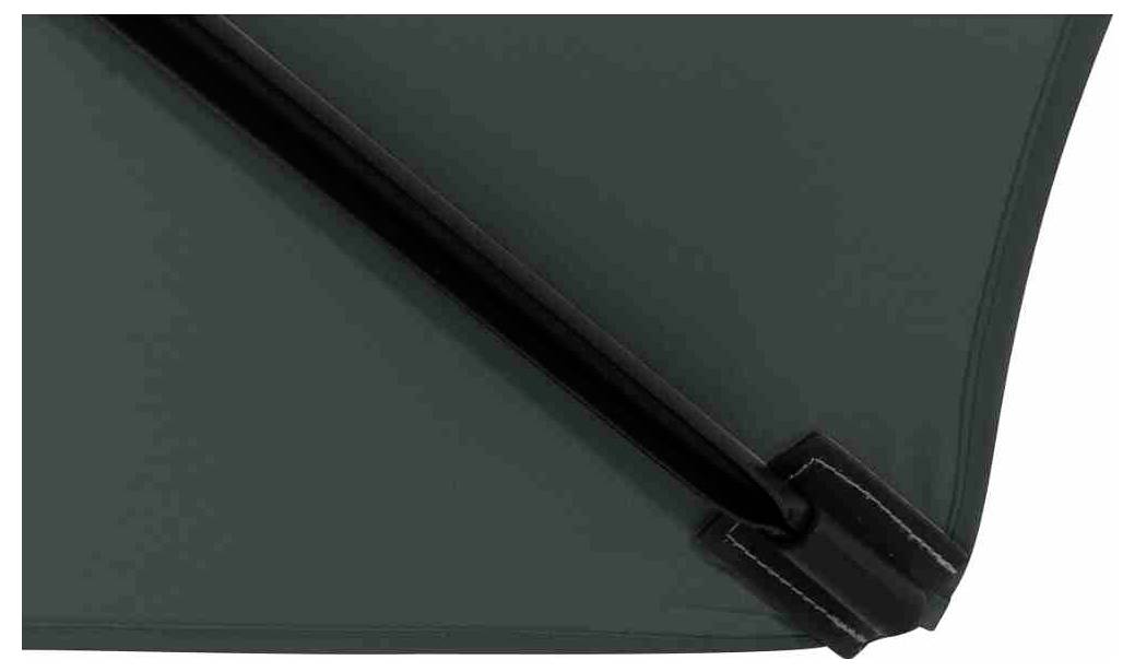 Czarny parasol z ciemną tkaniną; widok szczegółowy przedstawia miejsce połączenia i szew.