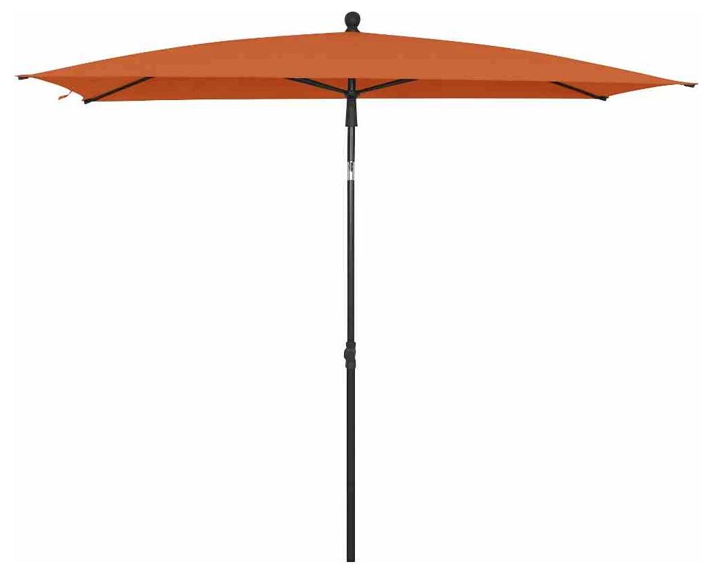 Duży, pomarańczowy parasol z długą, czarną podstawą, rozłożony, izolowany na białym tle.