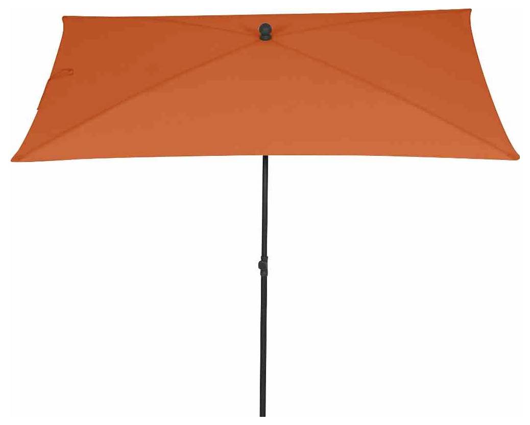 Prostokątny, pomarańczowy parasol przeciwsłoneczny z czarnymi prętami, rozłożony i widziany od przodu.