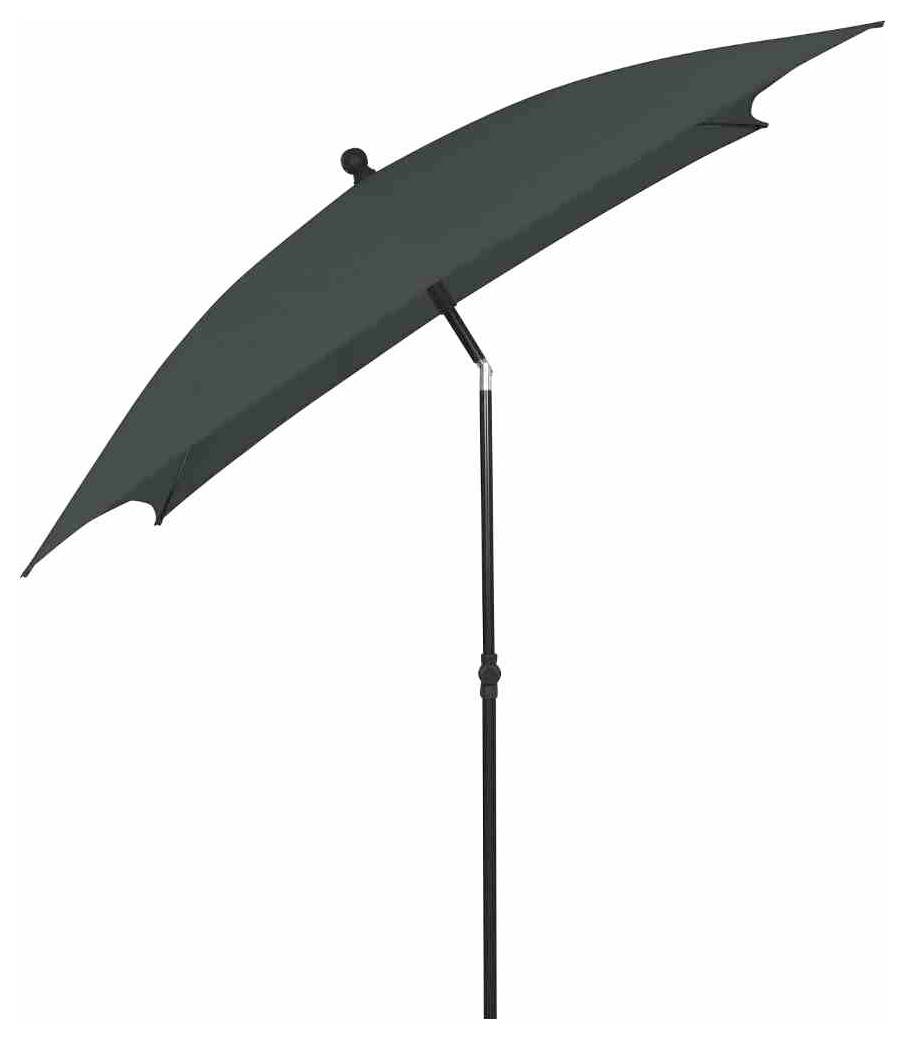 Ciemnozielony parasol przeciwsłoneczny z regulowanym czarnym stelażem, rozłożony i lekko pochylony na bok. Idealny do ogrodu lub na taras.