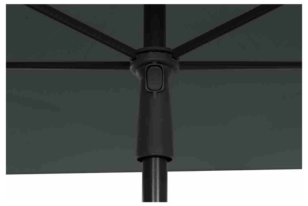 Zbliżenie czarnego parasola ze stalową ramą. Widoczne centralne mocowanie oraz okrągłe szyny.