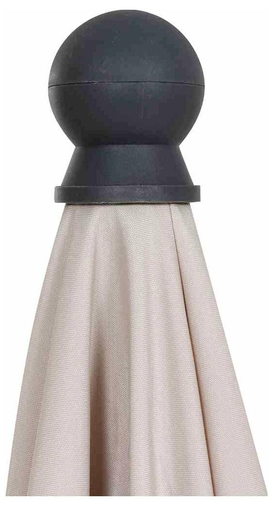 Czarna, okrągła czapka powyżej beżowej tkaniny, prawdopodobnie parasol.