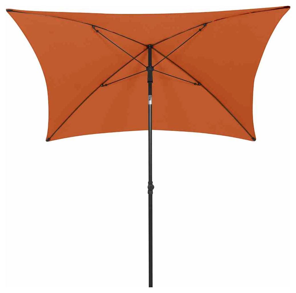 Pomarańczowy, prostokątny parasol przeciwsłoneczny z czarną podstawą i stelażem na białym tle.