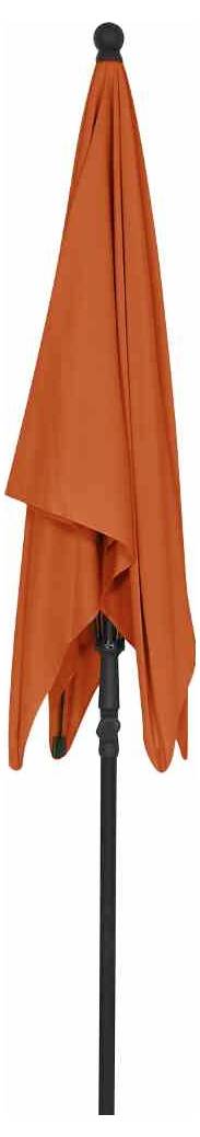 Zamknięty, pomarańczowy parasol na czarnym stojaku.