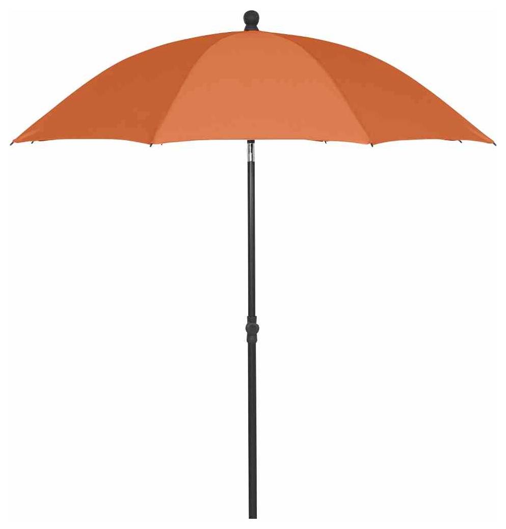 Pomarańczowy parasol przeciwsłoneczny z czarną podstawą stoi pionowo i jest całkowicie rozłożony.