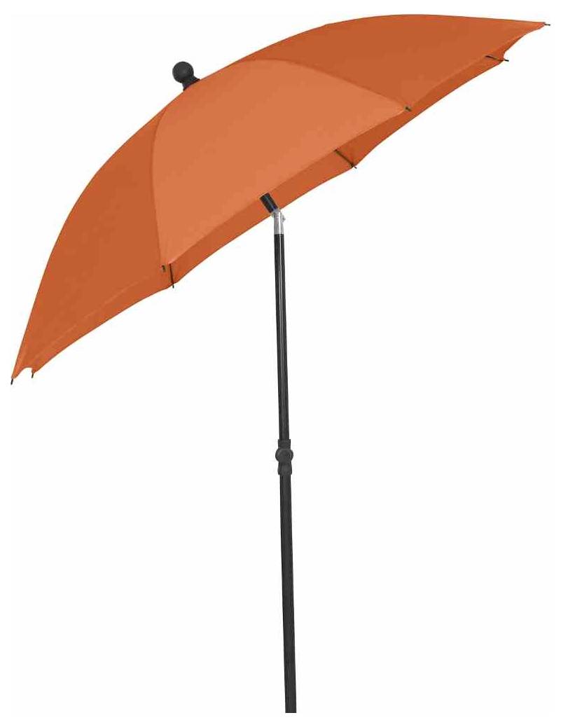 Duży, jaskrawo pomarańczowy parasol z czarną rączką na białym tle.