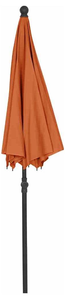 Zamknięty, pomarańczowy parasol na czarnej podstawie.