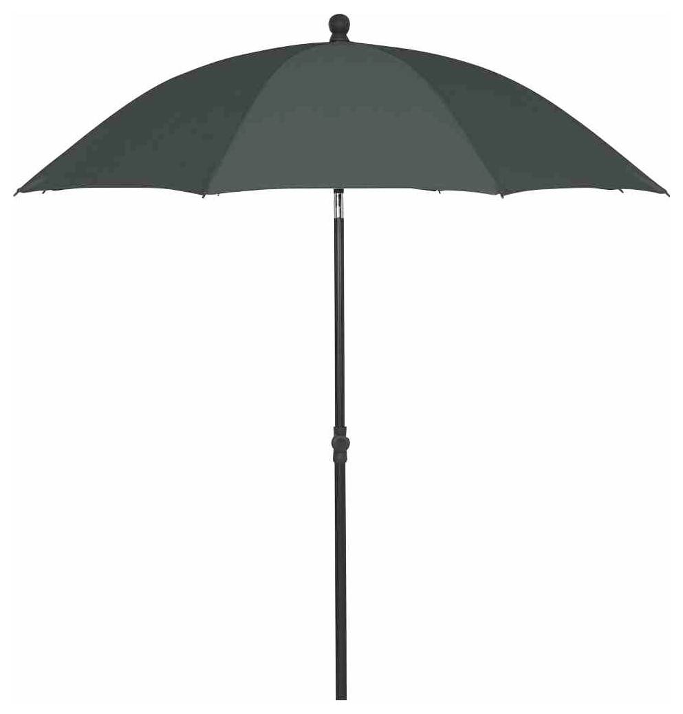 Duży, ciemny parasol z prostym metalowym stelażem, rozłożony i przeznaczony do użytku na zewnątrz.