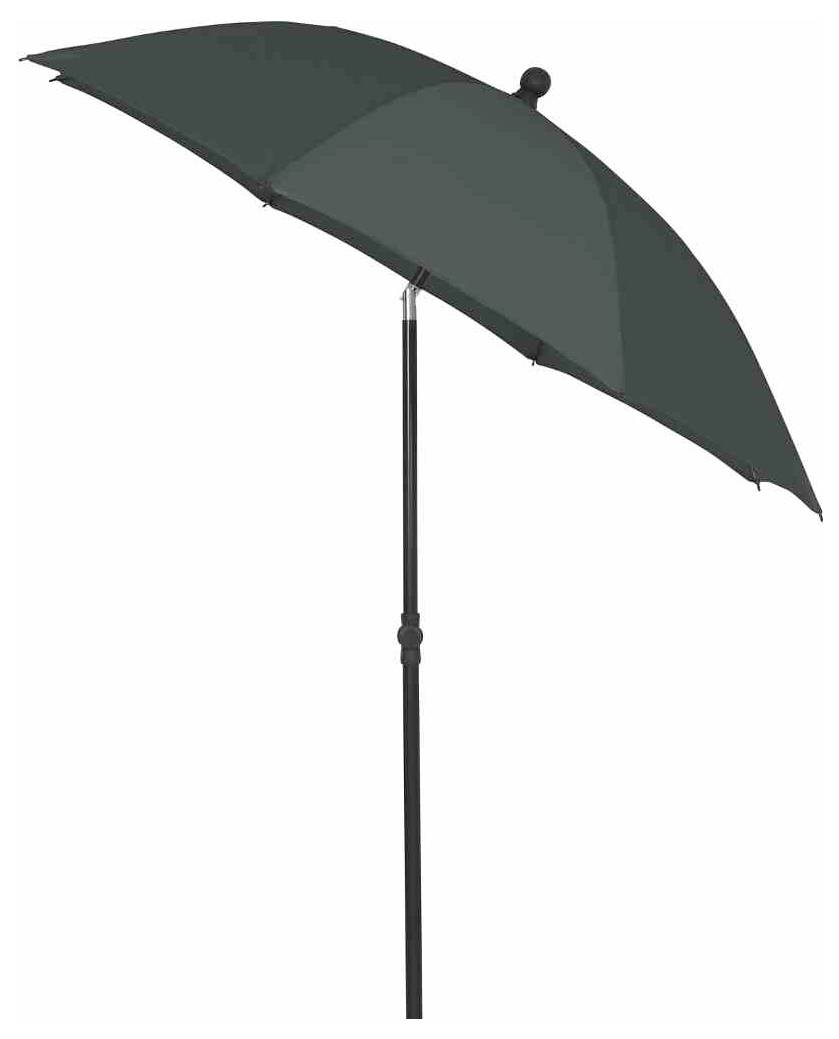 'Ciemnozielony parasol z metalową podstawą w pozycji pionowej.'