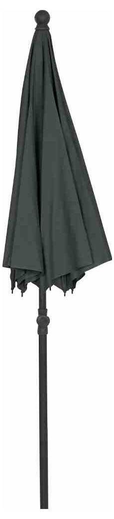 Zamknięty, ciemny parasol na długiej, czarnej nodze, ustawiony pionowo.