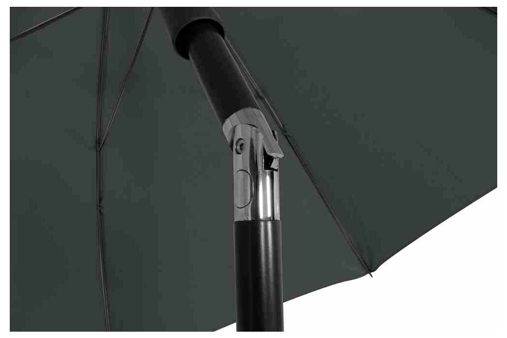 Zbliżenie ciemnozielonego parasola przeciwsłonecznego z solidną, czarną metalową ramą i srebrnym złączem.