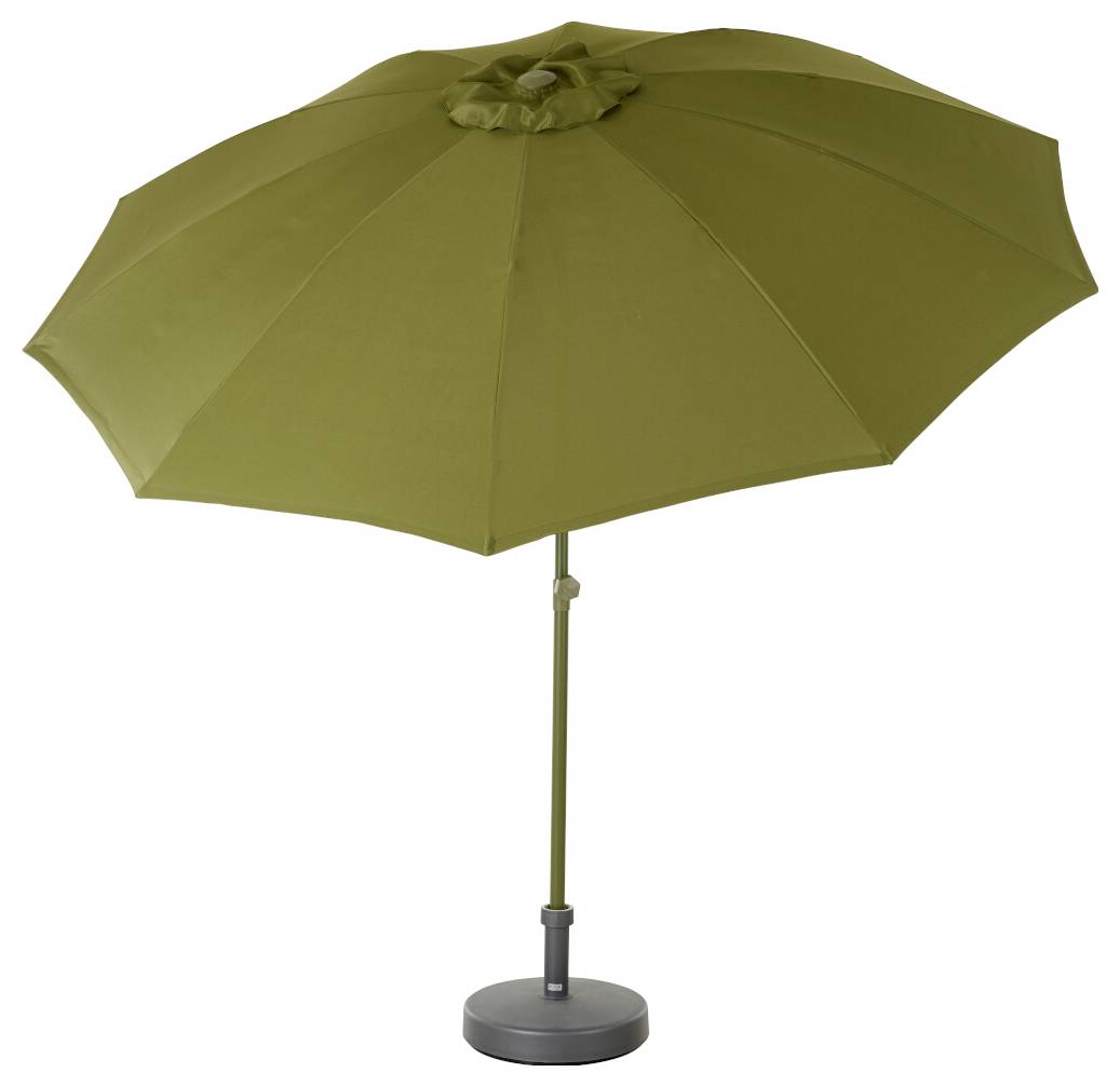 Zielony parasol w pozycji zamkniętej stoi na szarym cokole.