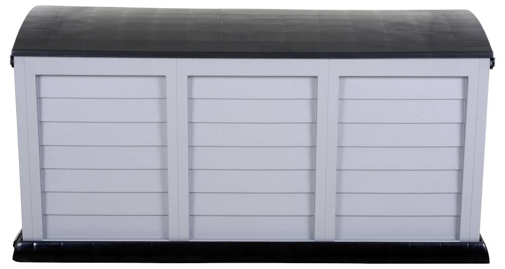 Biała skrzynka magazynowa z tworzywa sztucznego z czarną pokrywą. Posiada trzy pionowe panele i służy do przechowywania narzędzi ogrodowych.