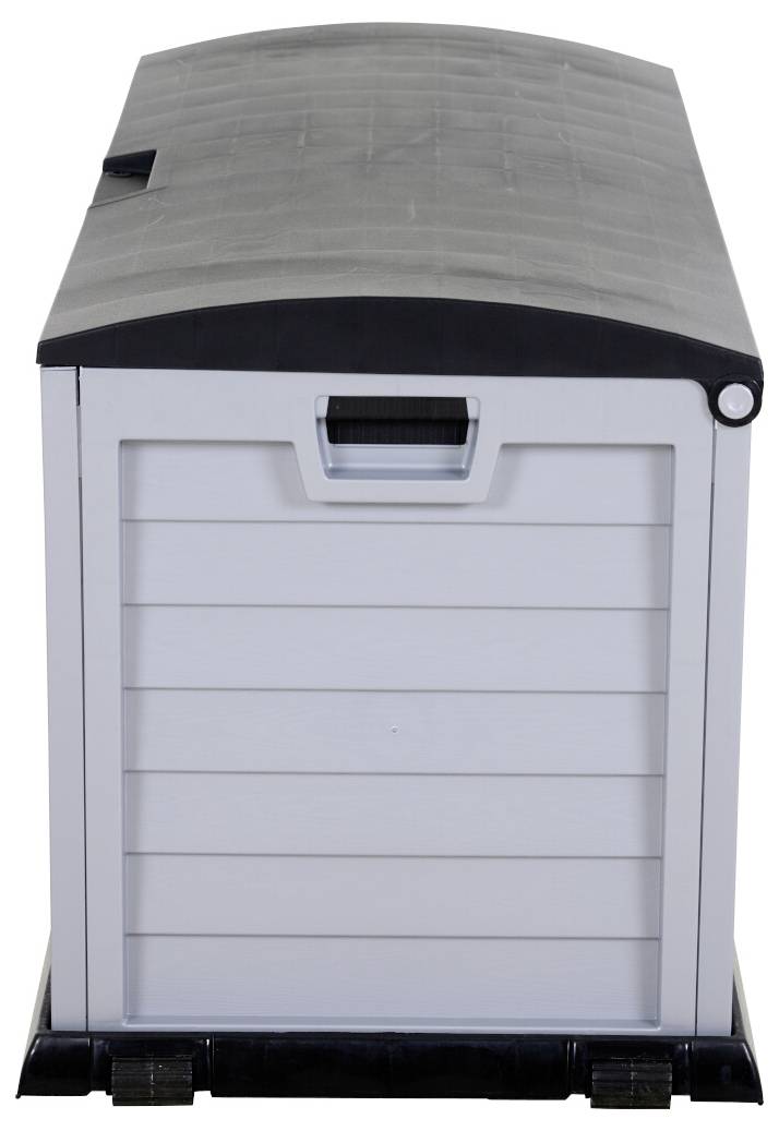 Szary, prostokątny plastikowy pojemnik z czarną pokrywą i uchwytem z przodu, przeznaczony do przechowywania na zewnątrz.