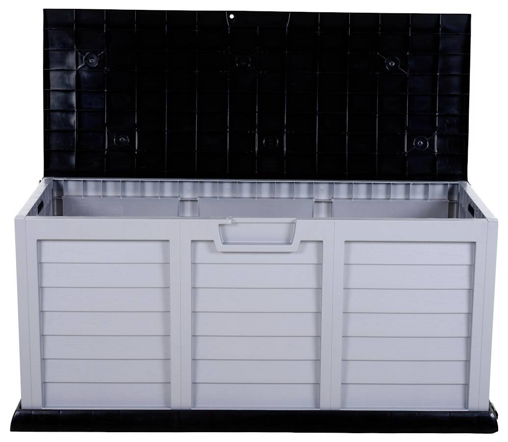 Szara plastikowa skrzynia magazynowa z otwartą czarną pokrywą. Idealna do przechowywania akcesoriów ogrodowych na zewnątrz.