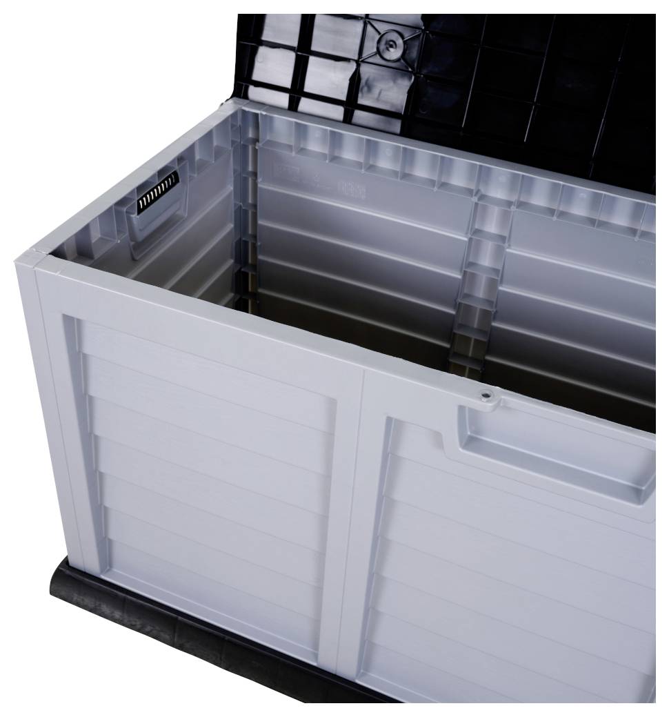 Szara plastikowa skrzynia magazynowa z otwieraną pokrywą, odpowiednia do przechowywania akcesoriów ogrodowych lub innych przedmiotów.