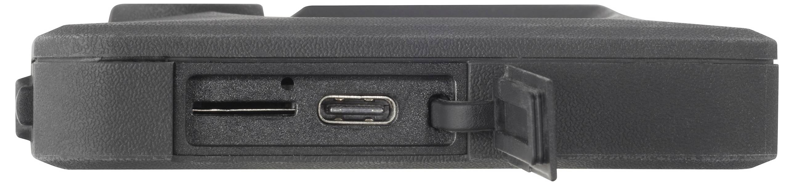 Cyfrowe urządzenie z otwartą komorą prezentuje gniazdo karty pamięci oraz port USB-C, oba gotowe do podłączenia urządzeń zewnętrznych.