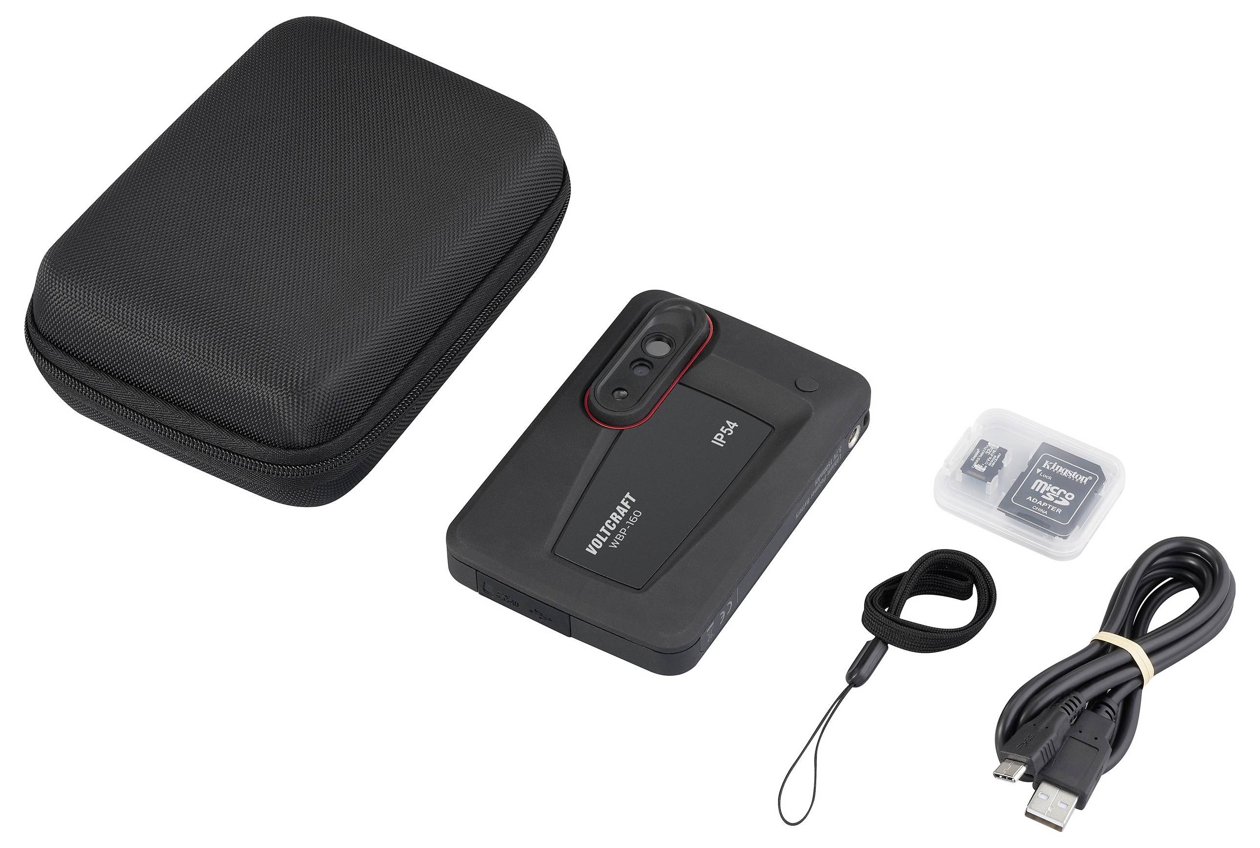 Przenośna kamera z akcesoriami: etui ochronne, kabel USB, adapter karty Micro-SD z kartą oraz pasek do ręki.