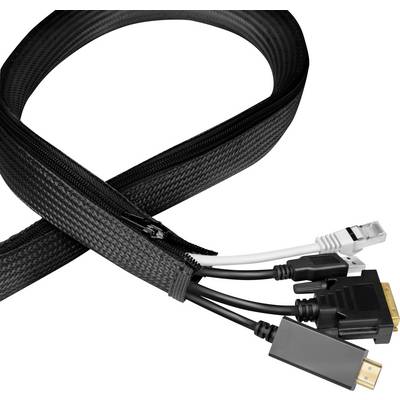 Czarny kanał kablowy, który łączy kilka kabli, w tym przewody HDMI i Ethernet, zapewniając porządne prowadzenie okablowania.