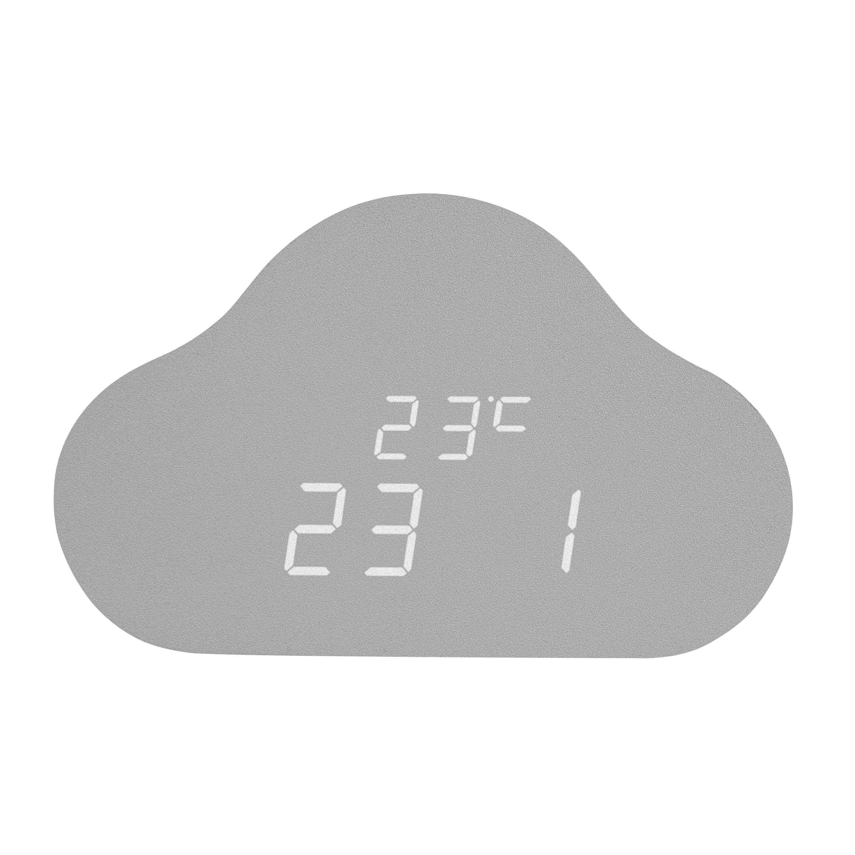 Szara, mająca kształt chmury cyfrowa godzina wyświetla temperaturę '23°C' oraz godzinę '23:11'.