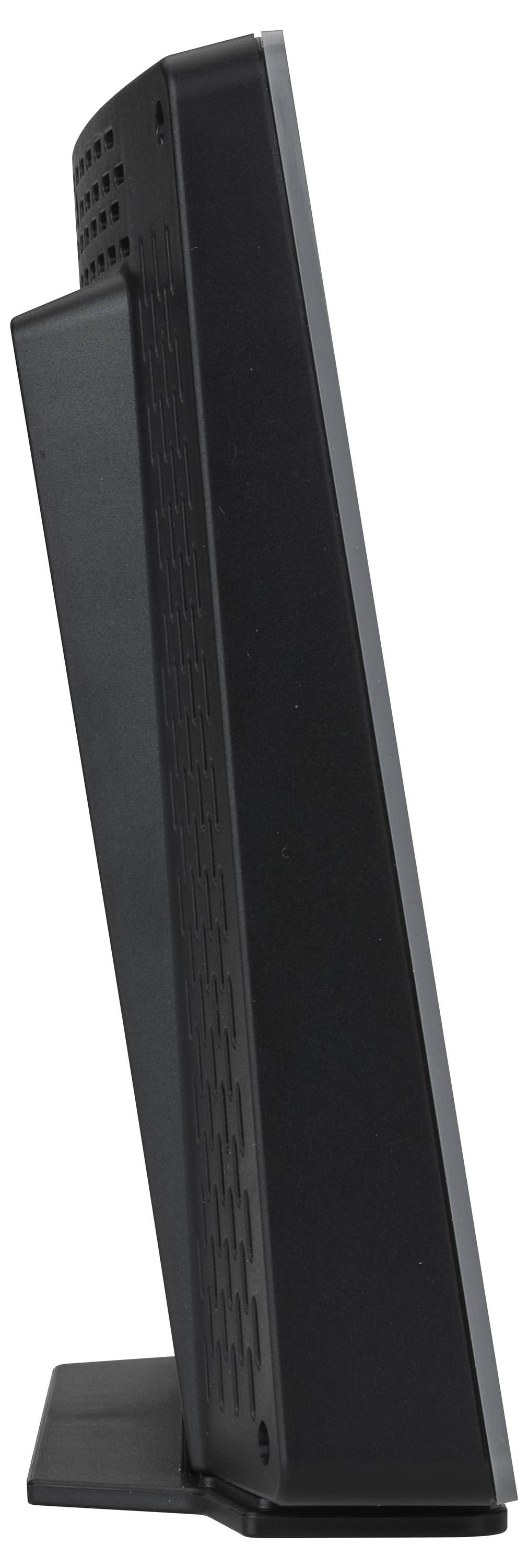 Czarny ekran komputerowy widziany z profilu prezentuje swoją smukłą sylwetkę i solidną podstawę, idealnie sprawdzający się w nowoczesnych przestrzeniach roboczych.