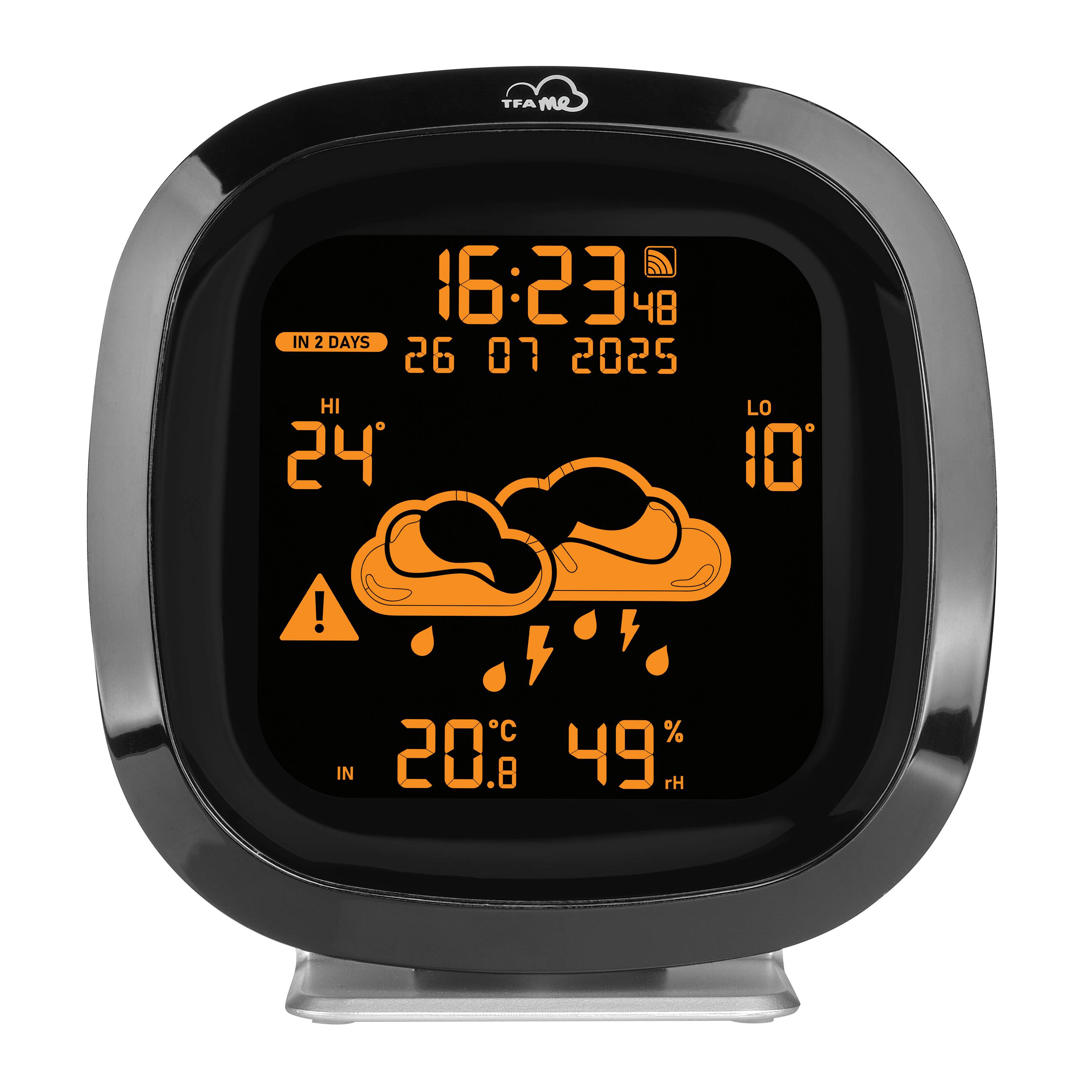 Ekran cyfrowej stacji pogodowej z godziną '16:23', datą '26.07.2025', temperaturą '24°C', prognozą opadów, wilgotnością powietrza '49%'.