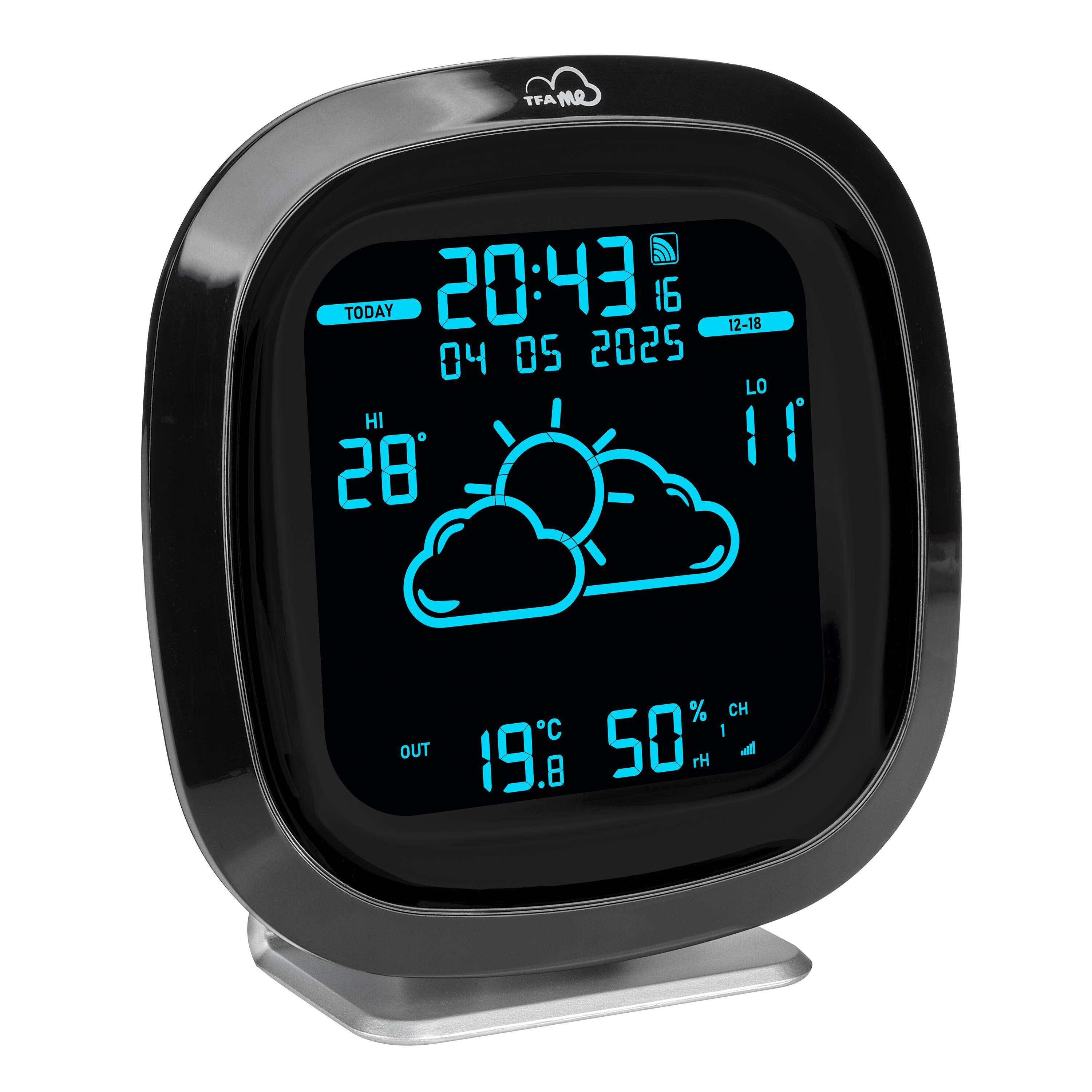 Cyfrowy termometr wskazujący godzinę 20:43, datę 04.05.2025. Prognoza pogody z symbolem słońca i chmur, temperatura 19,8°C wewnątrz, 11°C na zewnątrz.