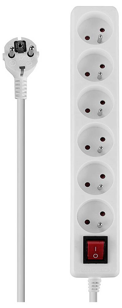 Biała listwa zasilająca z pięcioma gniazdami i czerwonym włącznikiem/wyłącznikiem, podłączona białym przewodem z wtyczką sieciową.