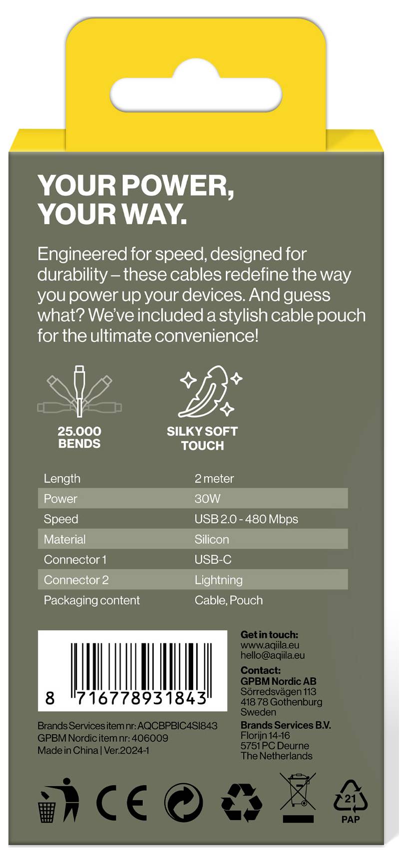 Кабель Aqiila Cablebird CS22 USB-C, USB 2.0, чоловічий, Lightning, 2.00 м, білий AQCBPBIC4SI843