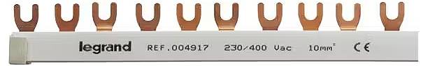 Szyna prądowa firmy 'Legrand' z przyłączami, numer modelu 004917, do prądu przemiennego 230/400 V, szerokość 10 mm.