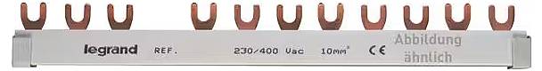 Miedziany łącznik szyn Legrand do zastosowań elektrycznych, odpowiedni dla napięć 230/400 V i natężeń prądu do 100 A.