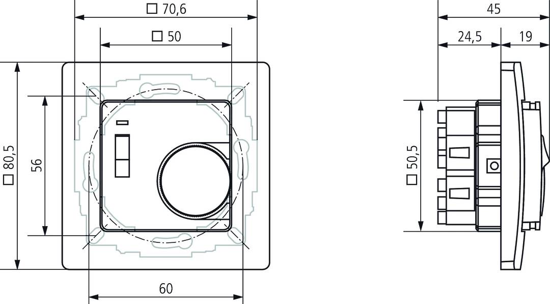 Rysunek techniczny prostokątnego przełącznika z wymiarami: szerokość 60 mm, wysokość 50,5 mm. Widoczna tarcza i pokrętło.