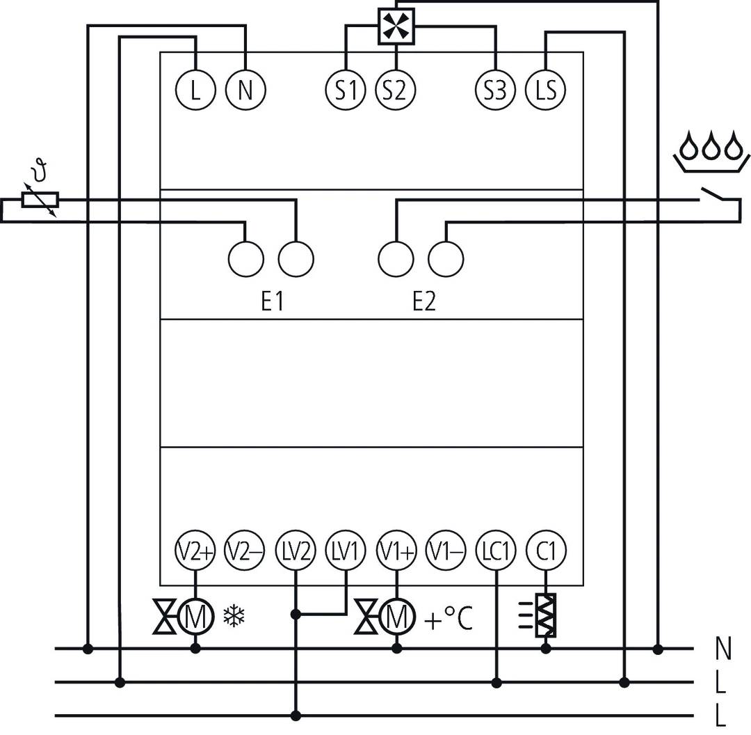Schemat elektryczny systemu z symbolami źródeł zasilania, przełączników i czujników. Oznaczenia: L, N, S1, S2, E1, E2.