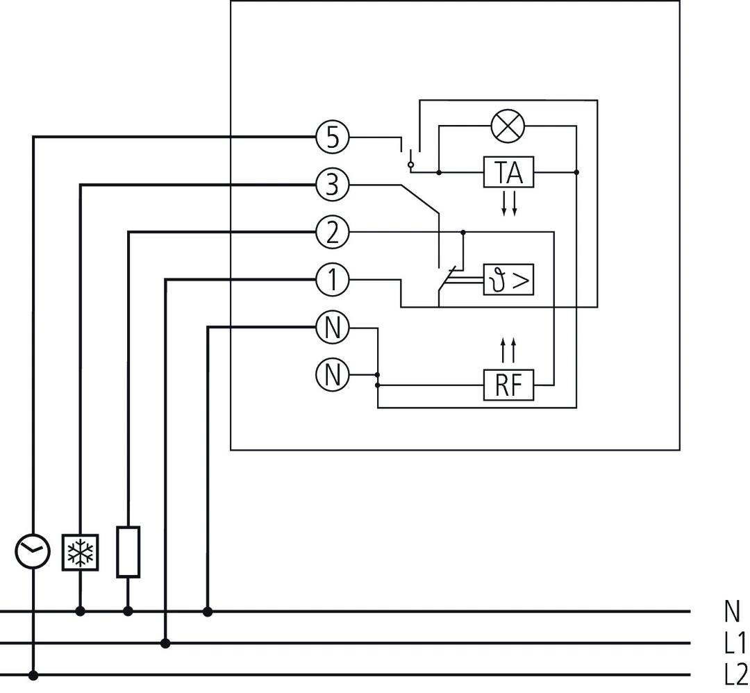 Schemat elektryczny systemu pompy ciepła z przyłączami i symbolami termostatu (TA), grzania (⊥), czynnika chłodniczego (RF) oraz numeracją.