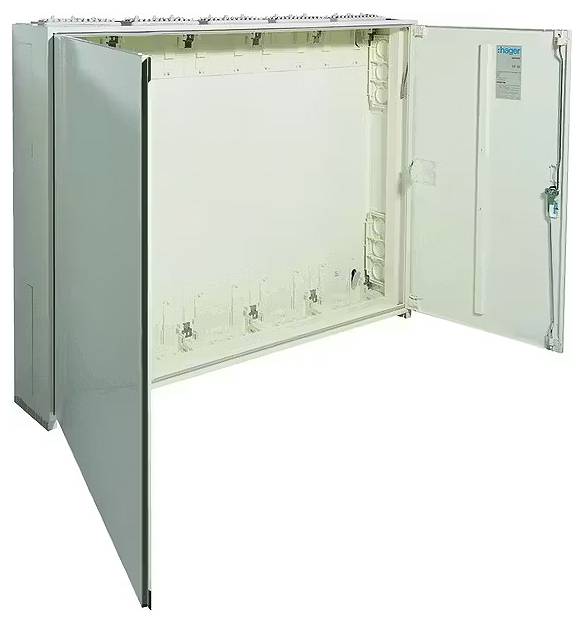 Otwarty, pusty szafa sterownicza z drzwiami, ukazujący wnętrze przeznaczone do instalacji komponentów elektrycznych. Na zewnątrz wyposażona w klamkę.