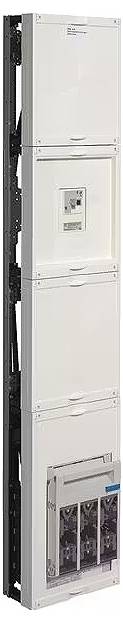 'Wąska, biała szafa z wieloma przegrodami i wskaźnikami kontrolnymi, prawdopodobnie przeznaczona do instalacji elektrycznych lub technicznych.'
