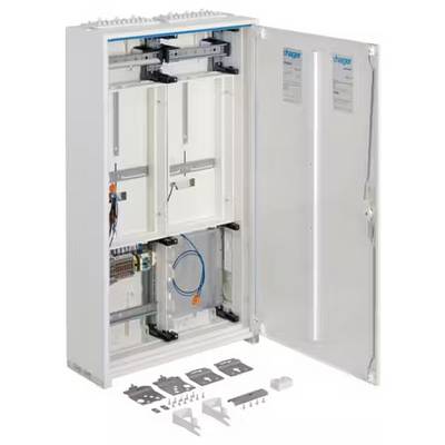 Otwarty biały rozdzielnik elektryczny z elementami okablowania i osprzętem montażowym, odpowiedni do instalacji elektrycznych.