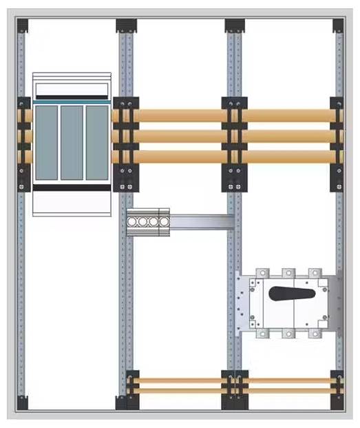 Schematyczny rysunek systemu instalacyjnego budynku z przewodami elektrycznymi, wspornikami i ramą okienną.