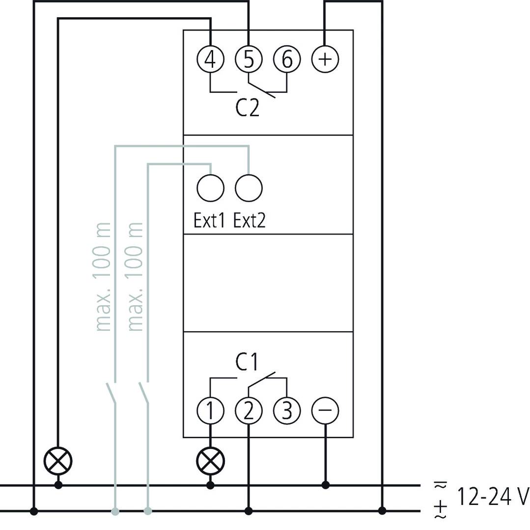 Schemat elektryczny systemu z dwoma kondensatorami (C1, C2) i dwoma złączami zewnętrznymi (Ext1, Ext2). Napięcie: 12-24V.