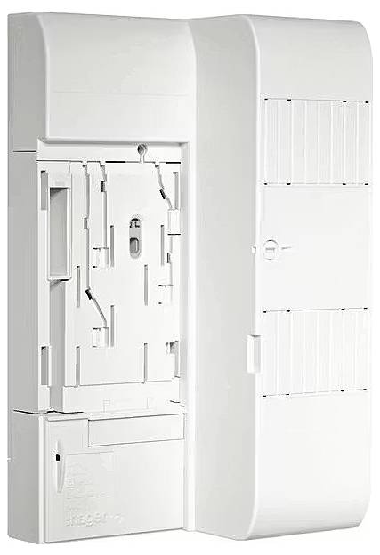 Biały rozdzielacz z wieloma przełącznikami i centralnym mechanizmem zamykającym.