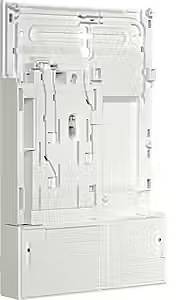 Białe plastikowe obudowa, prawdopodobnie element techniczny, z wieloma pionowymi i poziomymi liniami oraz wycięciami.