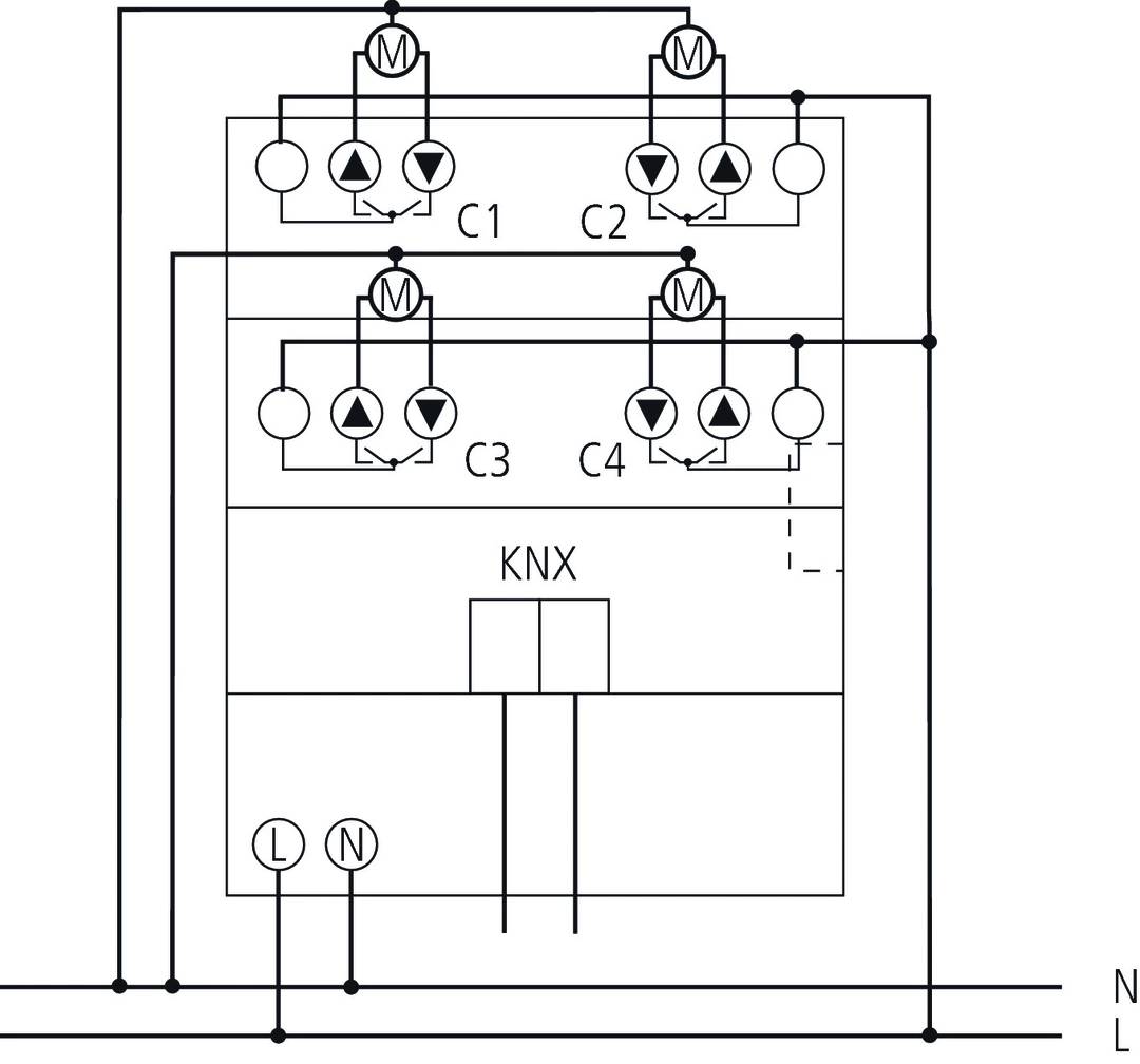 Schematyczny schemat elektryczny systemu KNX, przedstawiający połączenia między czterema komponentami (C1 do C4) oraz przyłączami zasilania (L, N).