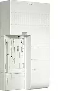 Biały serwer lub szafa na sprzęt sieciowy z wieloma przegrodami i otworami wentylacyjnymi, przeznaczona do zastosowań w dziedzinie informatyki lub telekomunikacji.